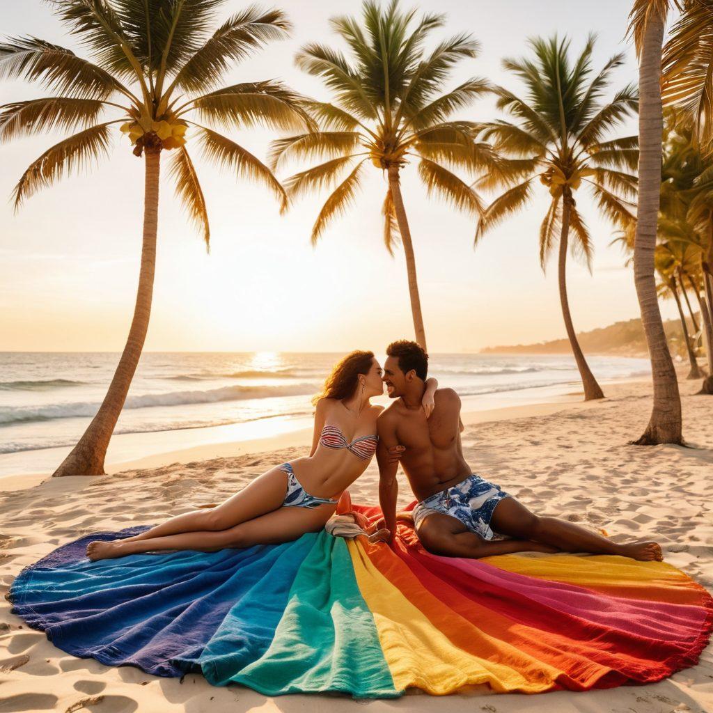 A captivating beach scene featuring a couple sharing a romantic picnic on a plush blanket, surrounded by soft sand and crashing waves, golden sunlight bathing everything in warmth. In the background, palm trees sway gently, and colorful beach towels dot the shore. The couple is laughing, embracing, creating a sense of intimacy and joy, with playful elements like a heart-shaped beach ball nearby. tropical vibes. super-realistic. vibrant colors.
